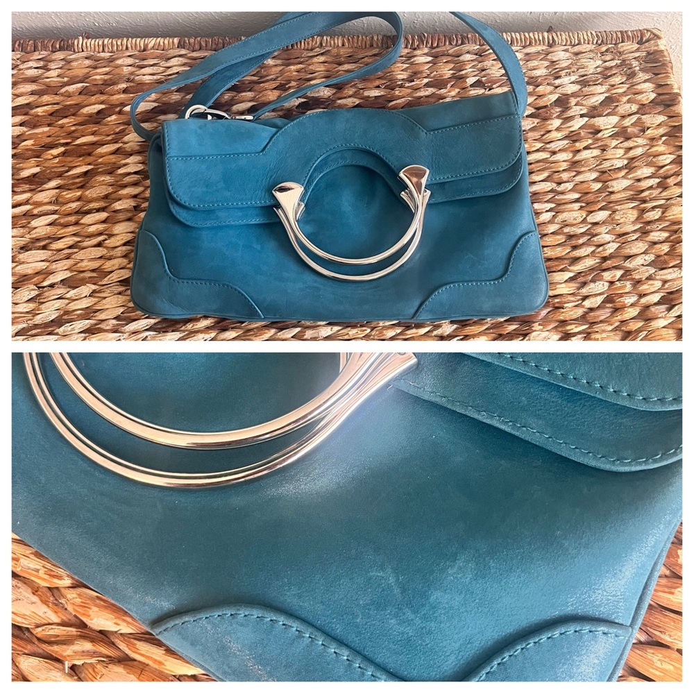 Parris Firenze teal blue purse top handle two way shoulder bag clutch